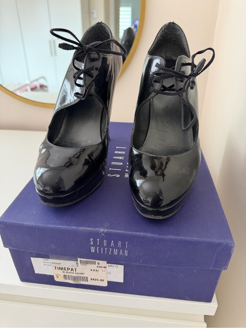 Stuart Weitzman Black Patent Leather Lace-Up Platform Heels